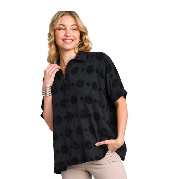 Umgee Tops - Umgee Black Button Down Polka Dot Textured Large Top